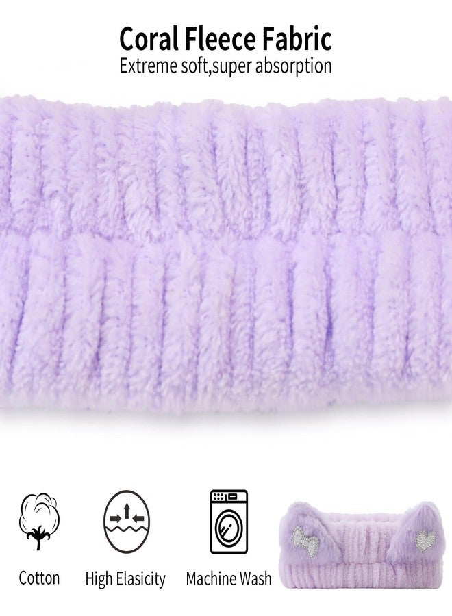 FlyingMage Spa Headband for Washing Face, 2 Pack Cute Cat Ear Hair Band for Shower Yoga Beauty, Fluffy Makeup Headband, Kawaii Facial Headbands for Woman Girls, Dark Pink+Purple Heart - Image 3